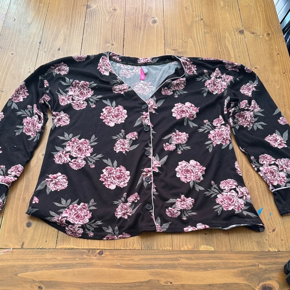 Vince Camuto Womens Black Peony Floral Print Pajama Top‎ L Long Sleeve Button